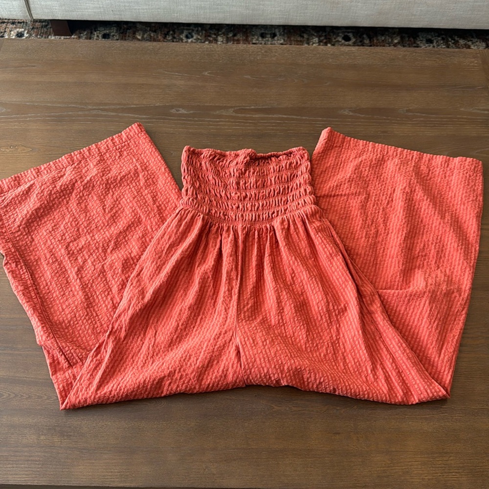 Women’s Striped and Ruched Strapless Wide Leg Romper in Red and Orange
